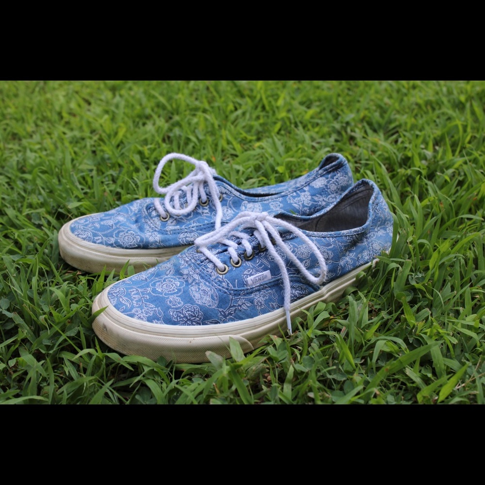 Unisex Blue Vans with White Floral Graphics